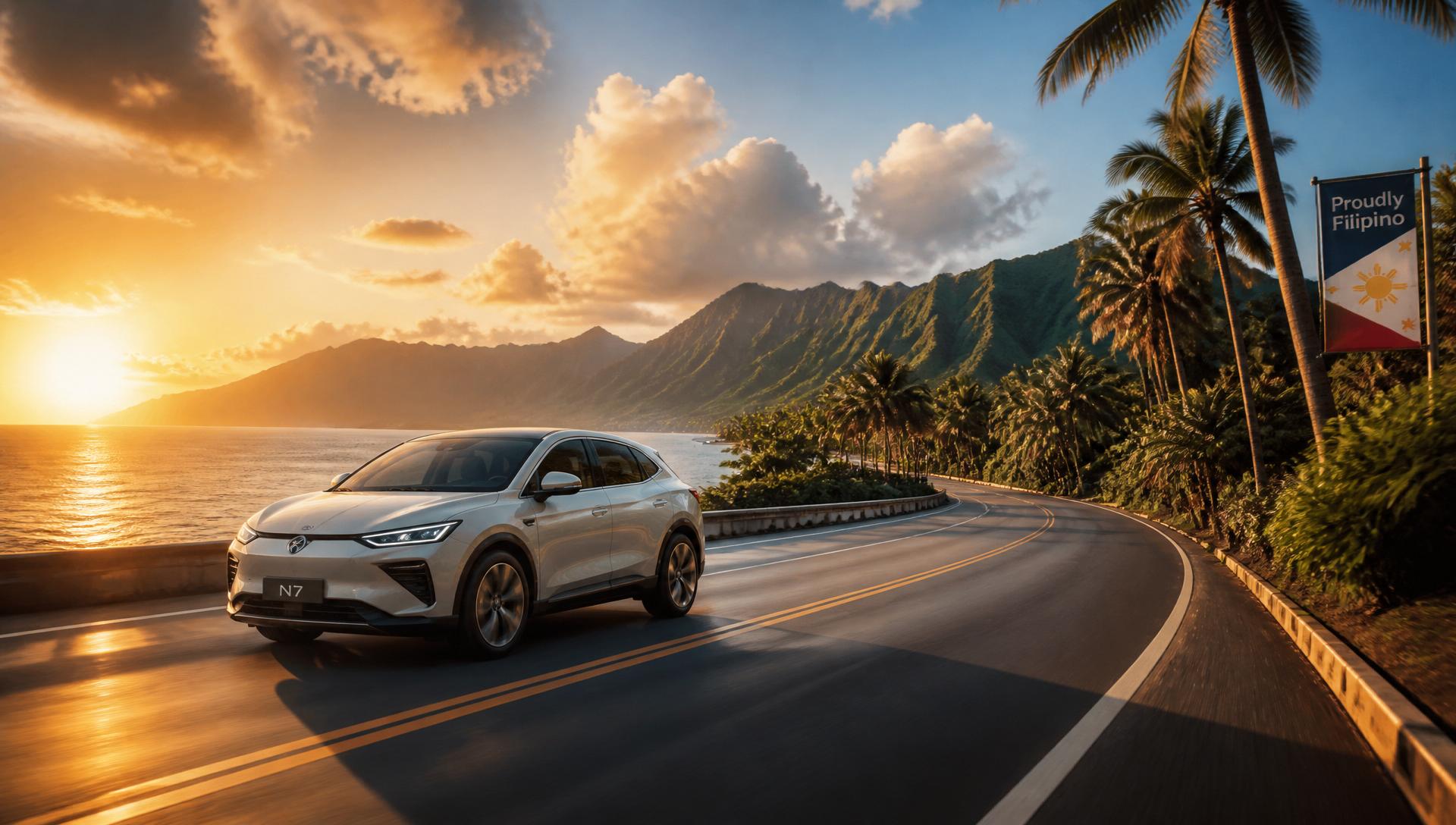 BYD electric SUV on a scenic Philippine coastal road at golden hour