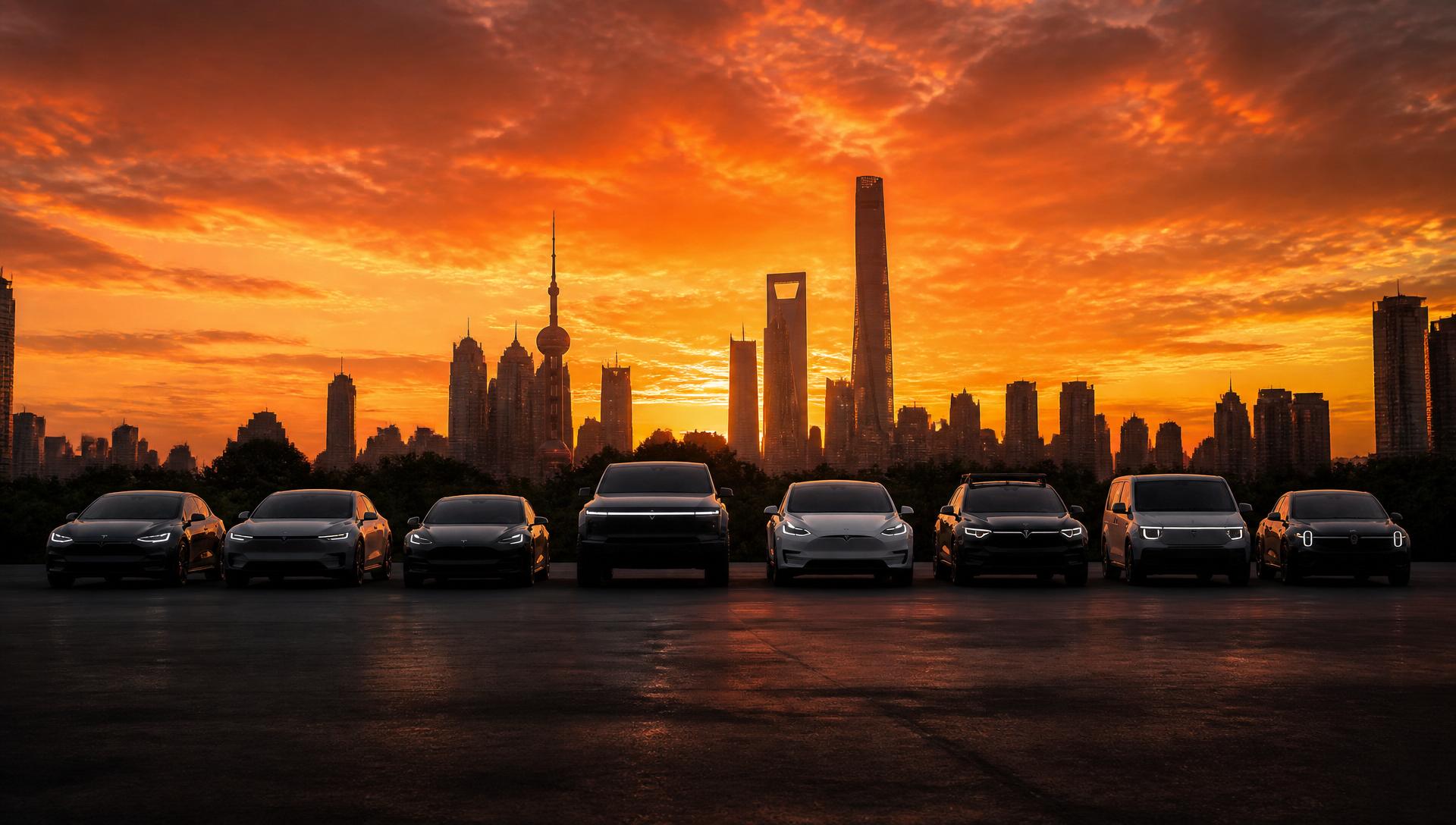 BYD electric vehicle lineup silhouetted against a sunset city skyline