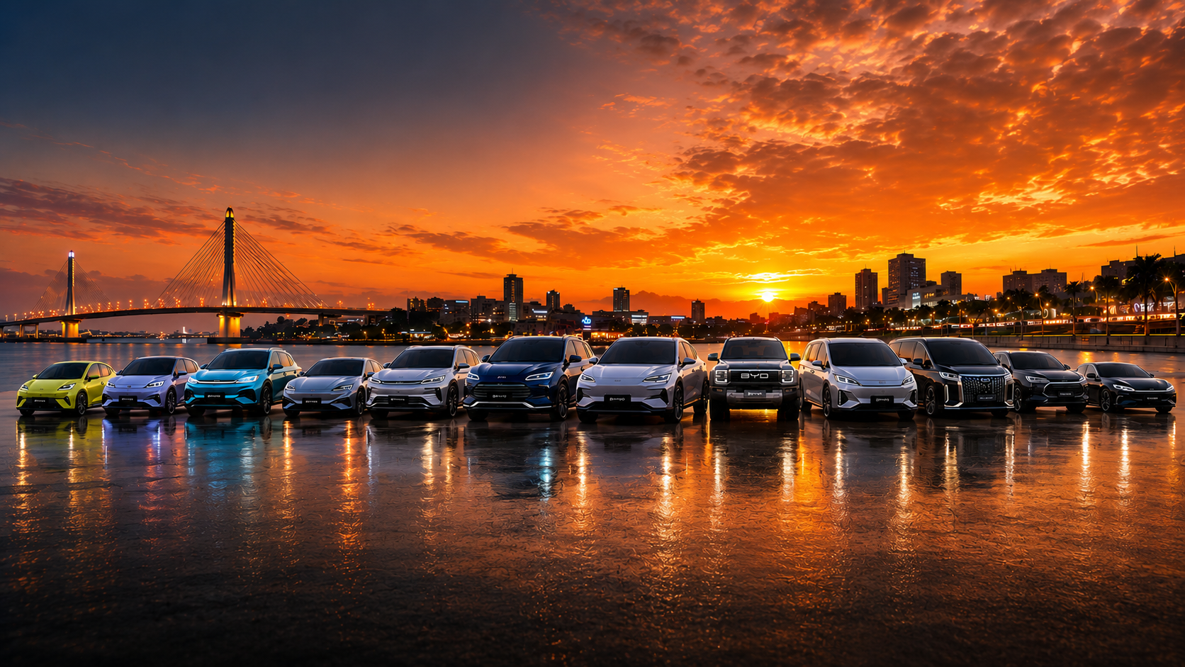 BYD electric vehicle lineup silhouetted against a sunset city skyline